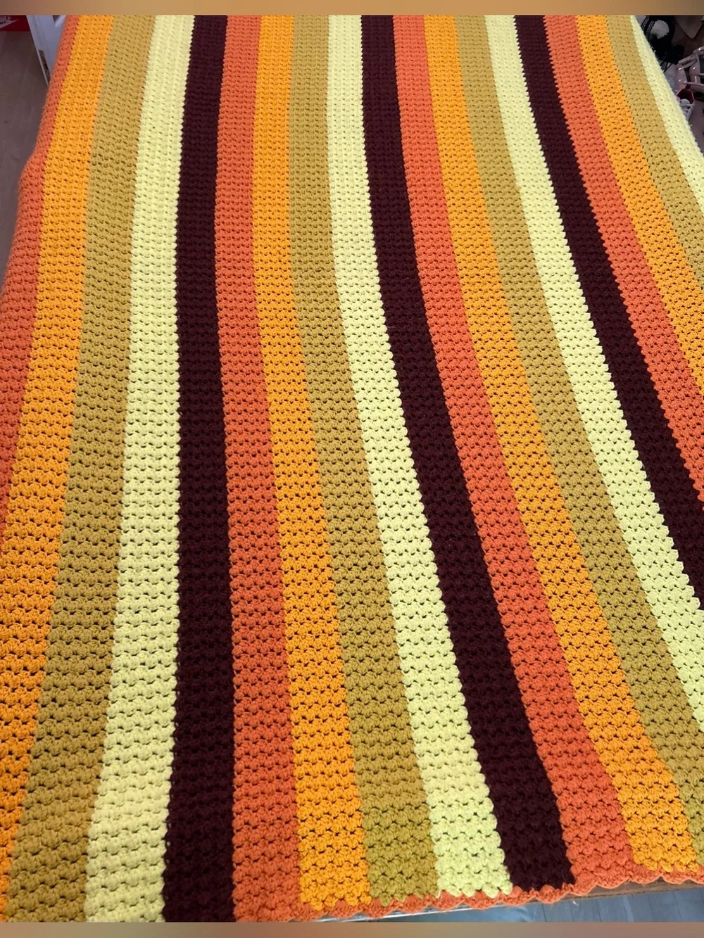 Vintage Circa 1970's Handmade Crochet Throw in Warm Sunset Stripes‎